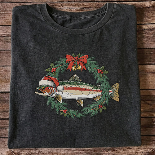 Christmas Trout Wreath Fishing Graphic T-Shirt