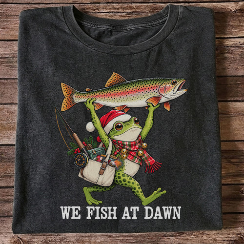 Frog Holding Rainbow Trout Fishing at Dawn Graphic T-Shirt