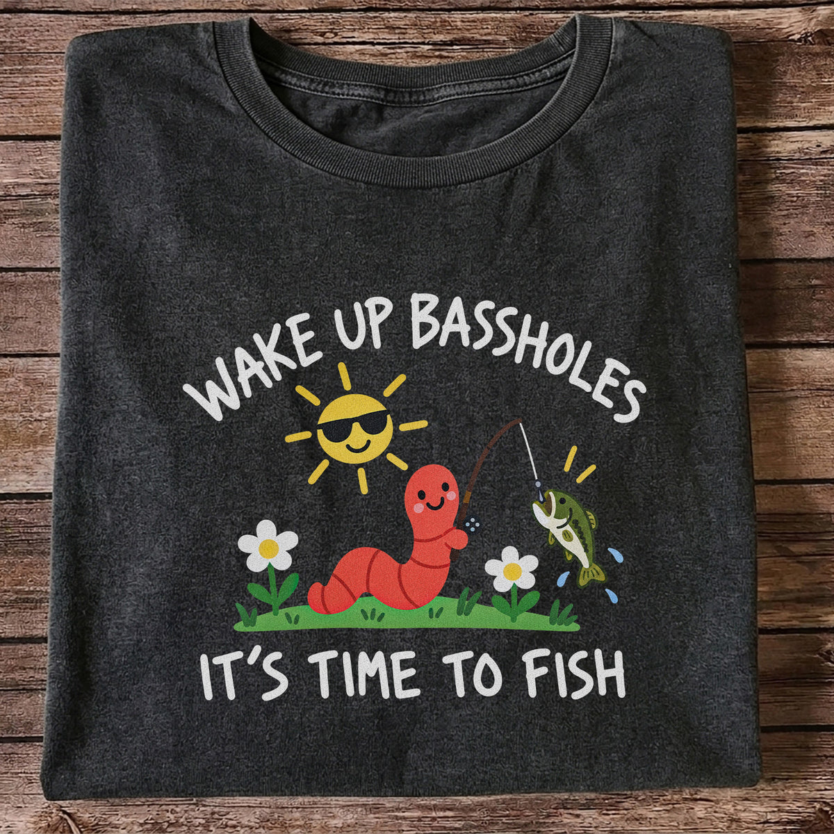 Wake Up Bassholes Funny Worm and Bass Fishing Graphic T-Shirt