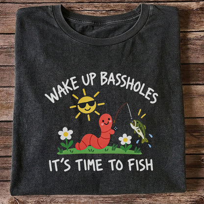 Wake Up Bassholes Funny Worm and Bass Fishing Graphic T-Shirt
