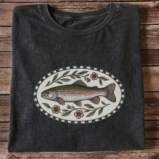 Vintage Floral Rainbow Trout Fishing Graphic T-Shirt