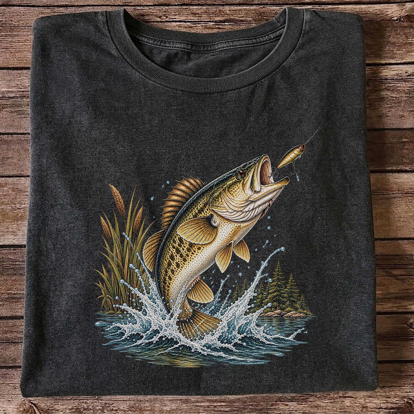 Jumping Bass Chasing a Lure Lake Fishing Graphic T-Shirt