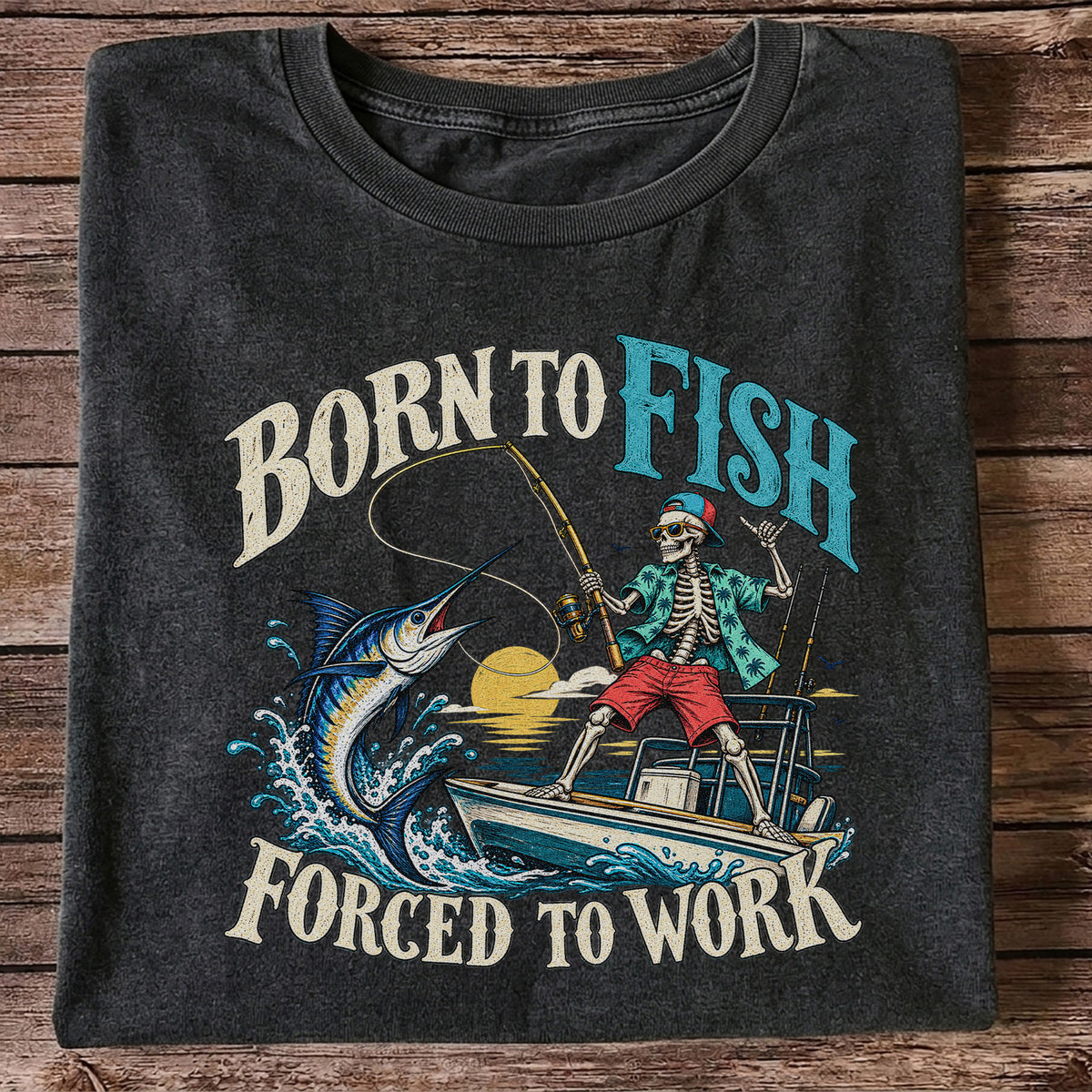 Skeleton Marlin Fishing Boat Graphic T-Shirt