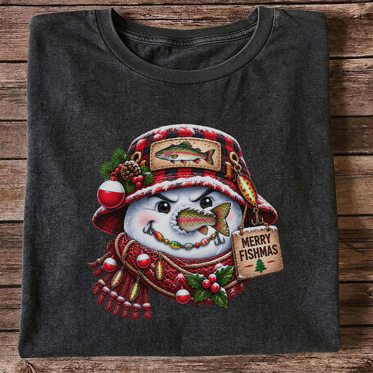 Merry Fishmas Snowman with Rainbow Trout Christmas Fishing T-Shirt