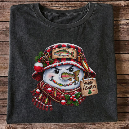 Merry Fishmas Snowman with Rainbow Trout Christmas Fishing T-Shirt