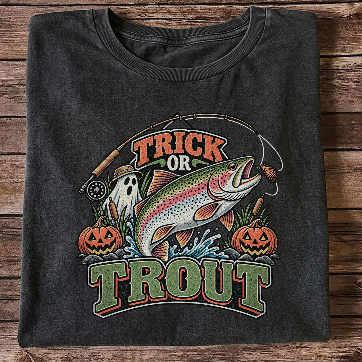 Trick or Trout Rainbow Trout Ghost and Pumpkins Halloween Fishing T-Shirt