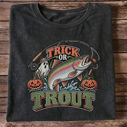 Trick or Trout Rainbow Trout Ghost and Pumpkins Halloween Fishing T-Shirt