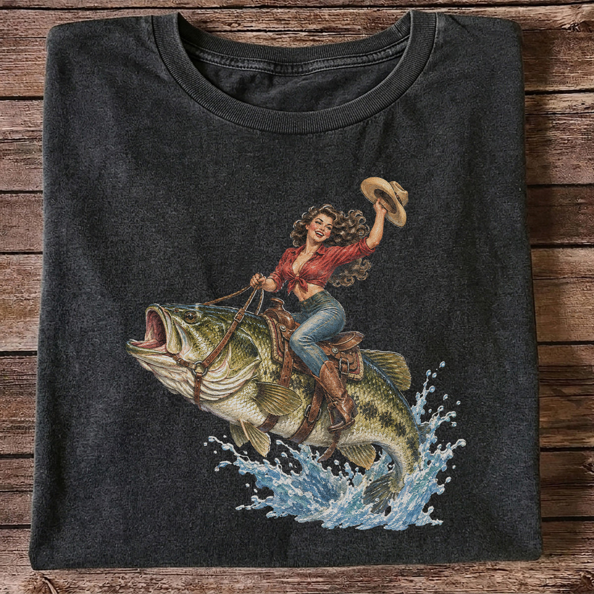 Vintage Cowgirl Riding a Largemouth Bass Fishing Graphic T-Shirt