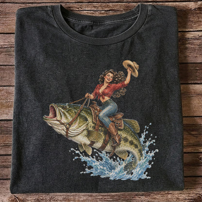 Vintage Cowgirl Riding a Largemouth Bass Fishing Graphic T-Shirt