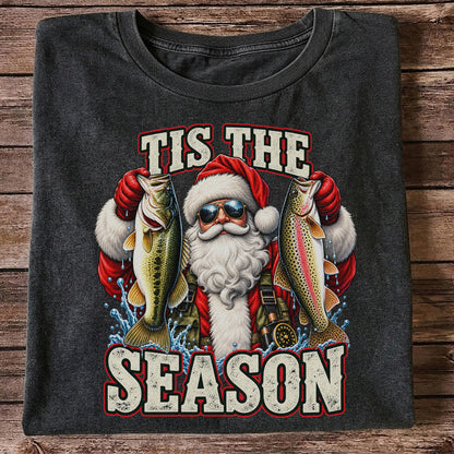 Tis the Season Santa Holding Bass and Rainbow Trout Christmas Fishing T-Shirt