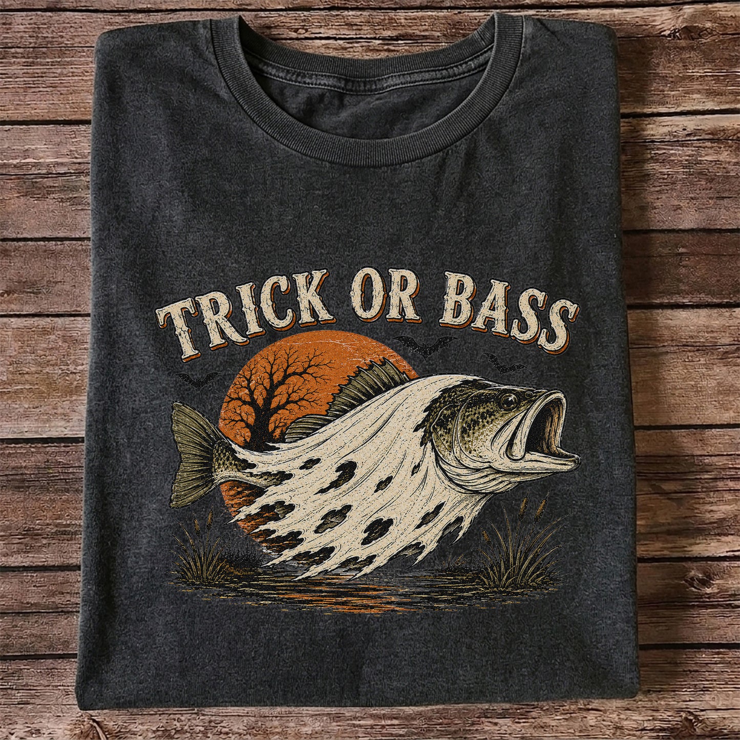 Trick or Bass Boo Halloween Fishing T-Shirt, Vintage Trout Angler Tee