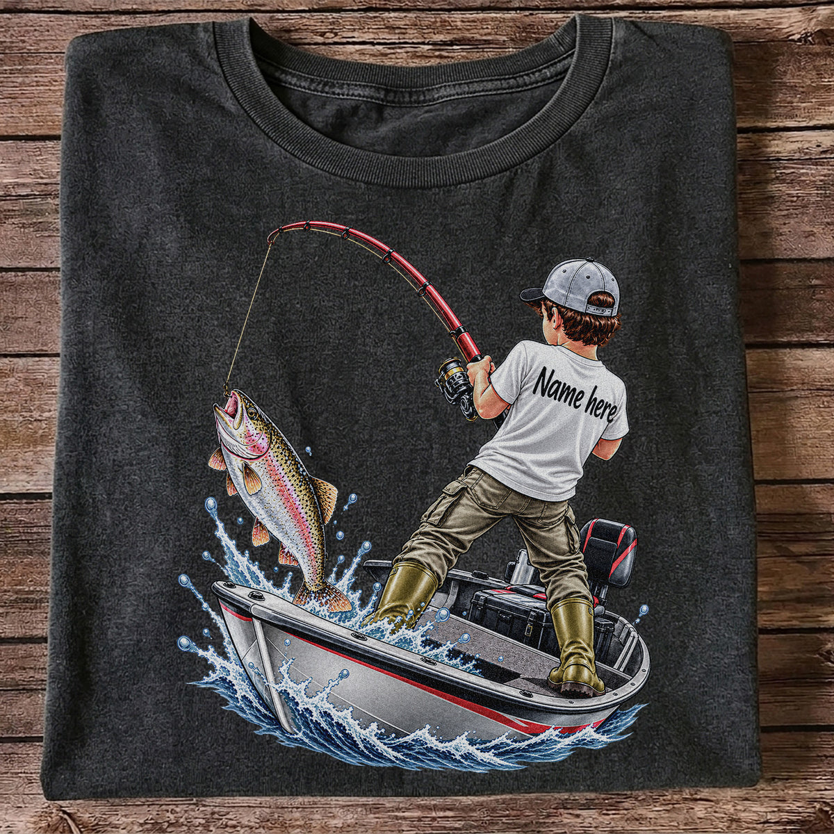 Personalized Boy Fishing Boat and Rainbow Trout Graphic T-Shirt