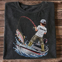 Personalized Boy Fishing Boat and Rainbow Trout Graphic T-Shirt