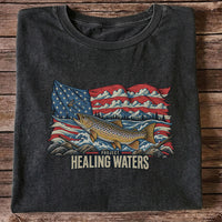 Healing Waters American Flag Brown Trout Fishing Graphic T-Shirt