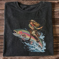 Cowgirl Riding a Rainbow Trout Fly Fishing Graphic T-Shirt