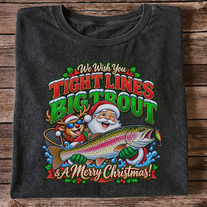 We Wish You Tight Lines Big Trout & a Merry Christmas Santa and Reindeer Fishing T-Shirt