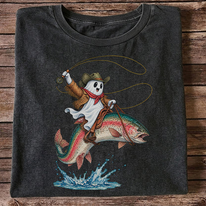 Ghost Cowboy Riding a Rainbow Trout Halloween Fishing T-Shirt