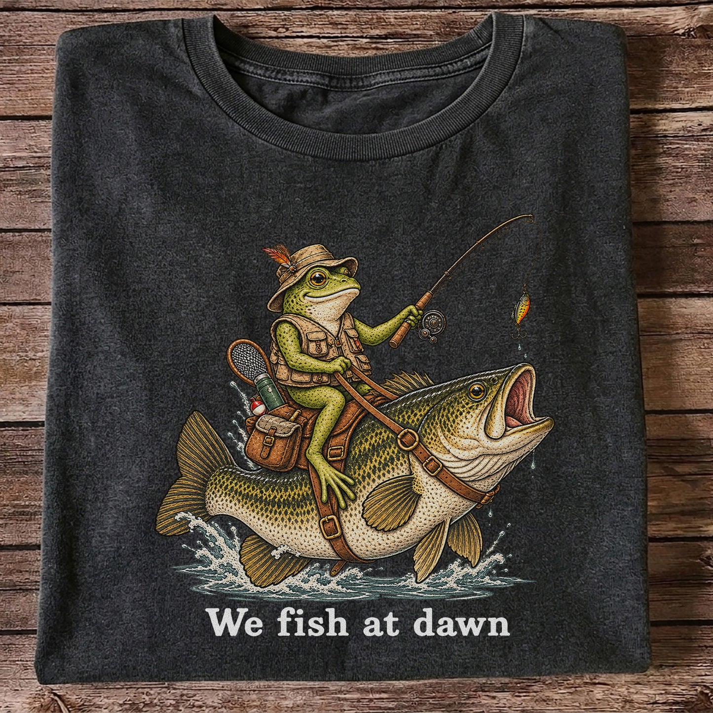 We Fish at Dawn Frog Riding Largemouth Bass Funny Fishing T-Shirt