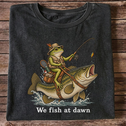 We Fish at Dawn Frog Riding Largemouth Bass Funny Fishing T-Shirt