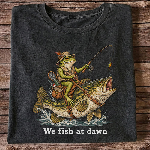 We Fish at Dawn Frog Riding Largemouth Bass Funny Fishing T-Shirt