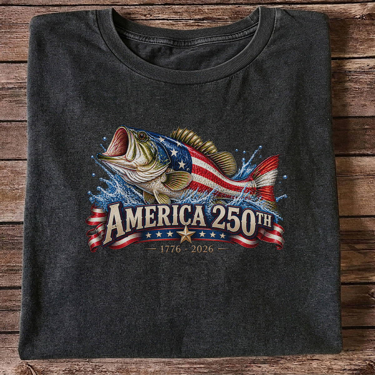 America 250th 1776–2026 American Flag Bass Fishing T-Shirt