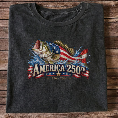 America 250th 1776–2026 American Flag Bass Fishing T-Shirt