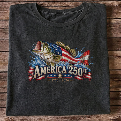 America 250th 1776–2026 American Flag Bass Fishing T-Shirt