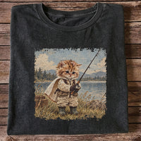Vintage Kitten Fishing by the Lake Cute Cat Graphic T-Shirt