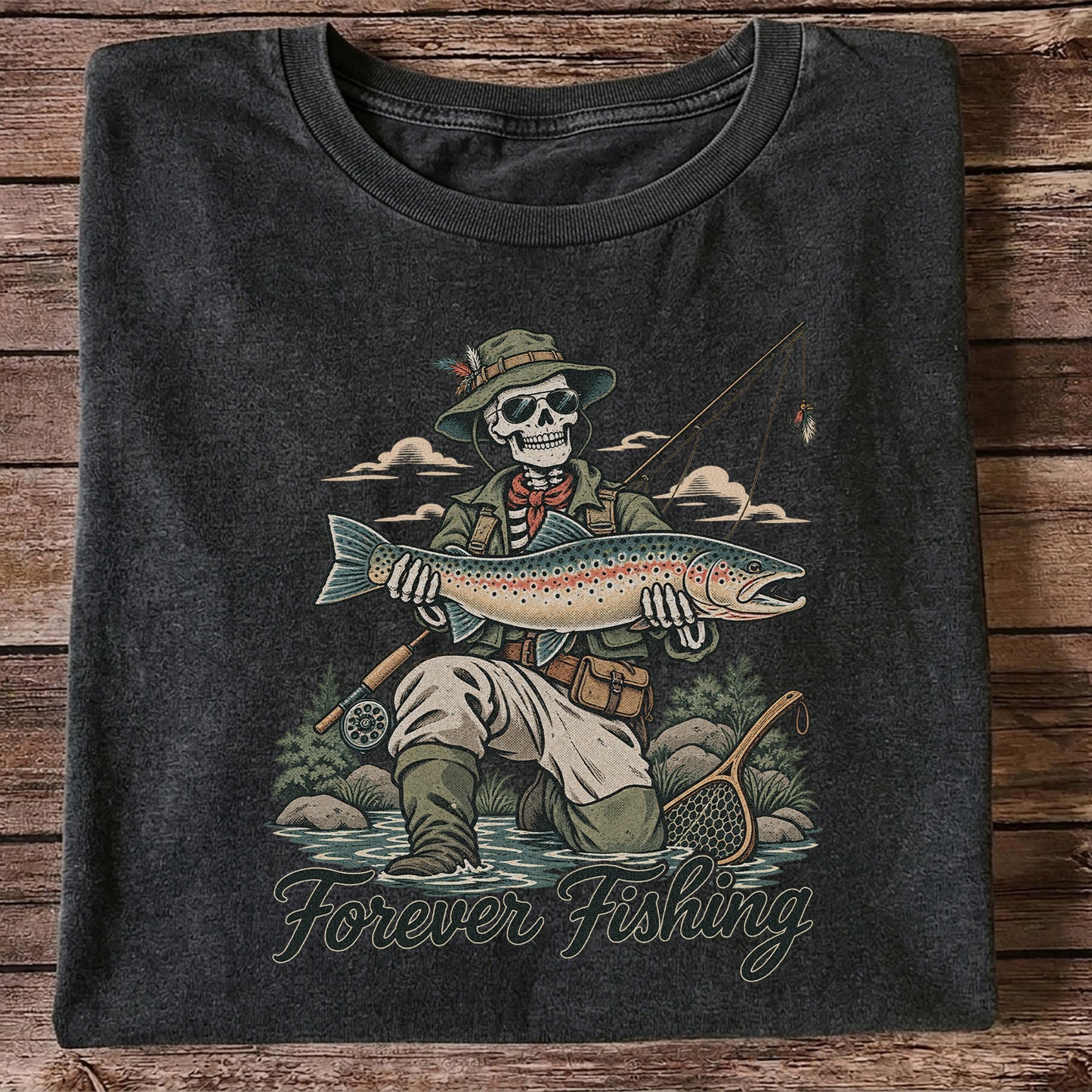 Forever Fishing Skeleton Angler Holding Rainbow Trout Graphic T-Shirt
