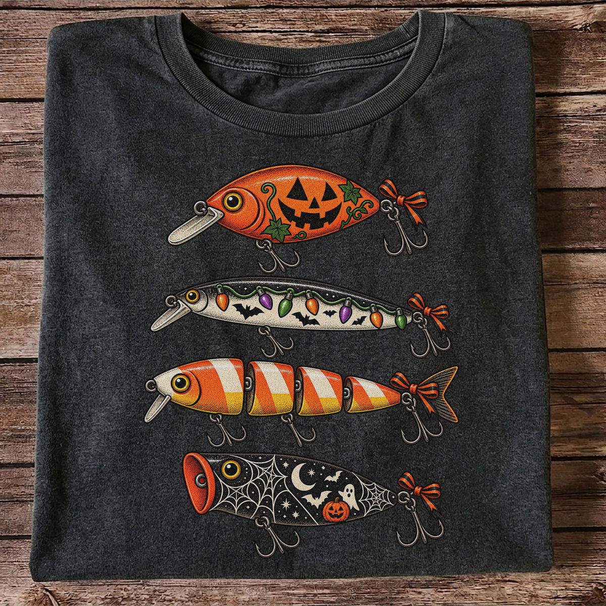 Halloween Fishing Lures with Pumpkin, Ghost and Candy Corn Graphic T-Shirt