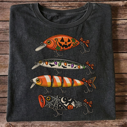 Halloween Fishing Lures with Pumpkin, Ghost and Candy Corn Graphic T-Shirt