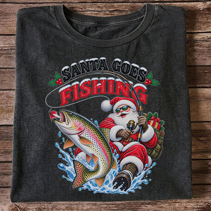 Santa Goes Fishing Rainbow Trout Christmas Graphic T-Shirt