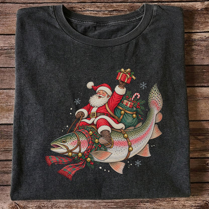 Santa Riding a Festive Rainbow Trout Christmas Fishing Graphic T-Shirt