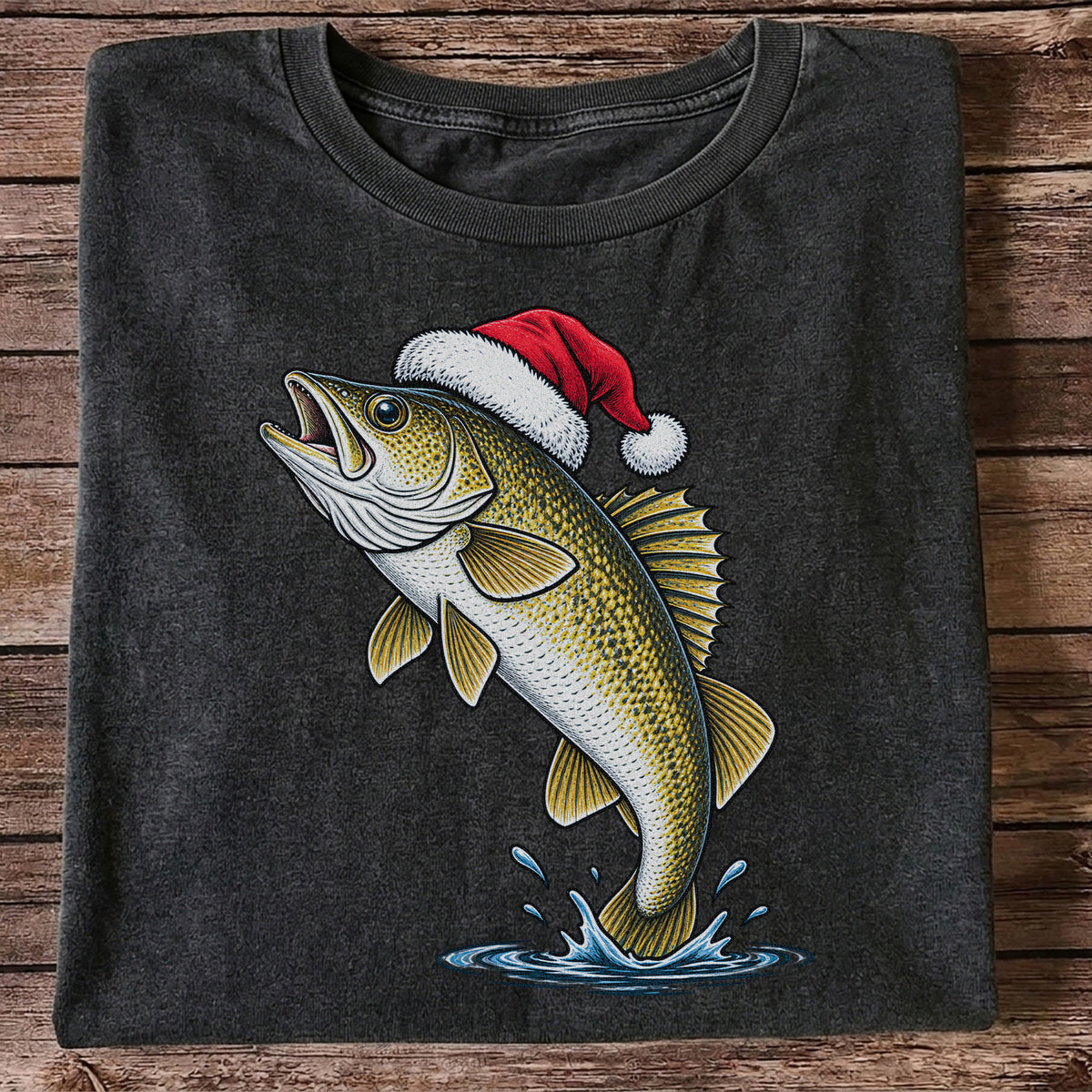 Santa Hat Walleye Christmas Fishing Graphic T-Shirt