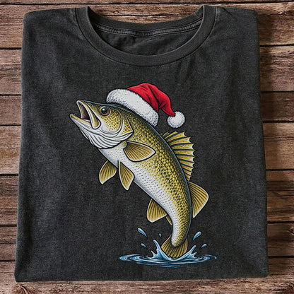Santa Hat Walleye Christmas Fishing Graphic T-Shirt