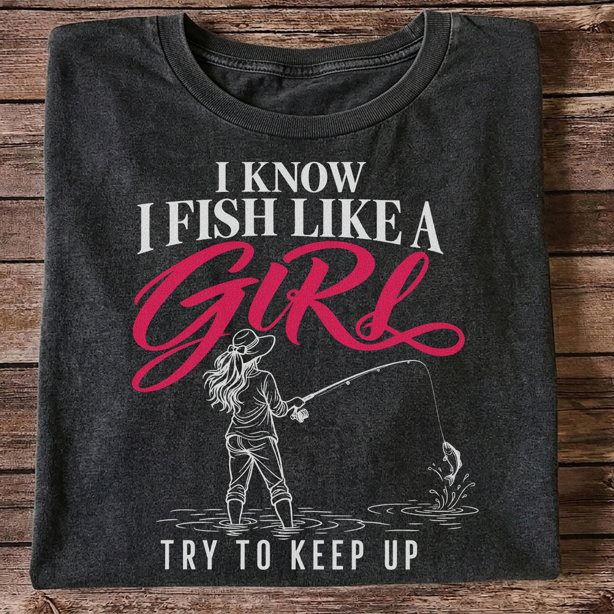 Funny Woman Fishing Graphic T-Shirt with Line Art Design