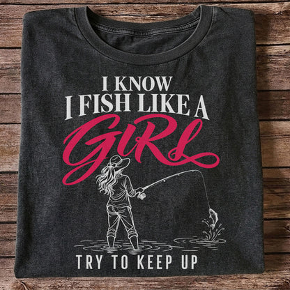 Funny Woman Fishing Graphic T-Shirt with Line Art Design