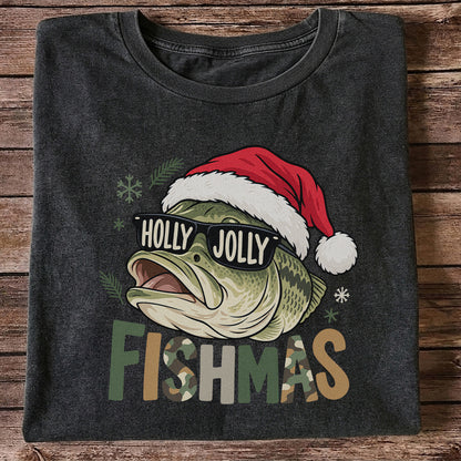 Bass Wearing Santa Hat and Holiday Glasses Fishing Graphic T-Shirt
