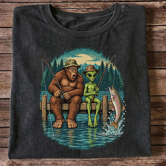 Bigfoot and Alien Fishing on a Dock with Rainbow Trout Graphic T-Shirt
