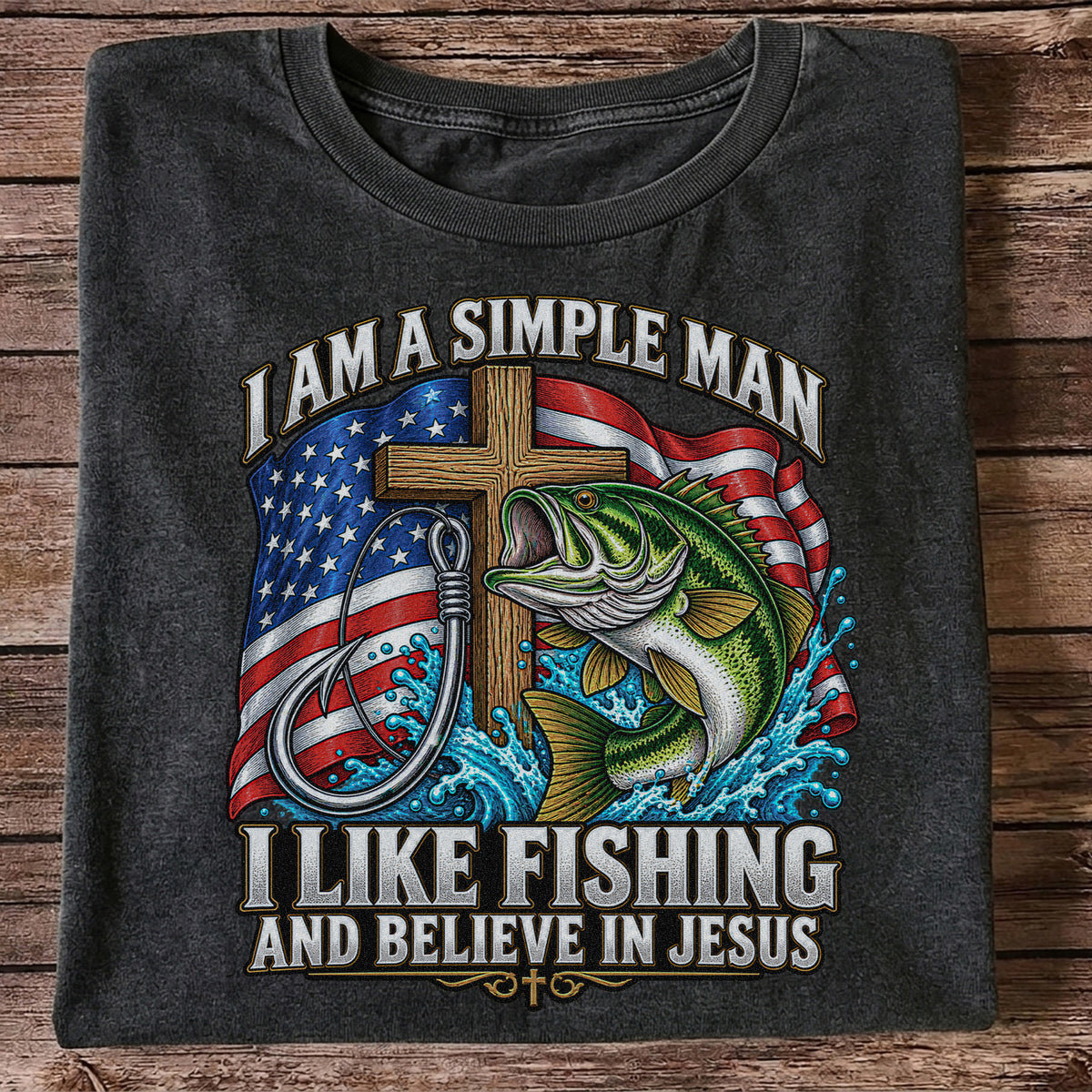 American Flag Bass Fishing Faith Patriotic Graphic T-Shirt