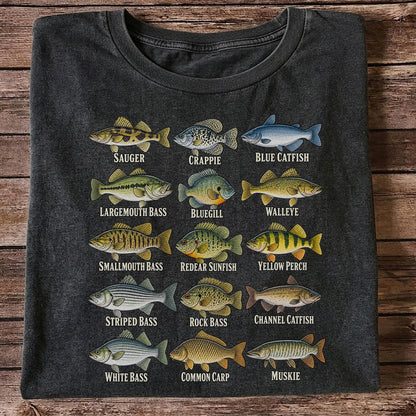 Bass Crappie and Catfish Freshwater Fish Chart Graphic T-Shirt