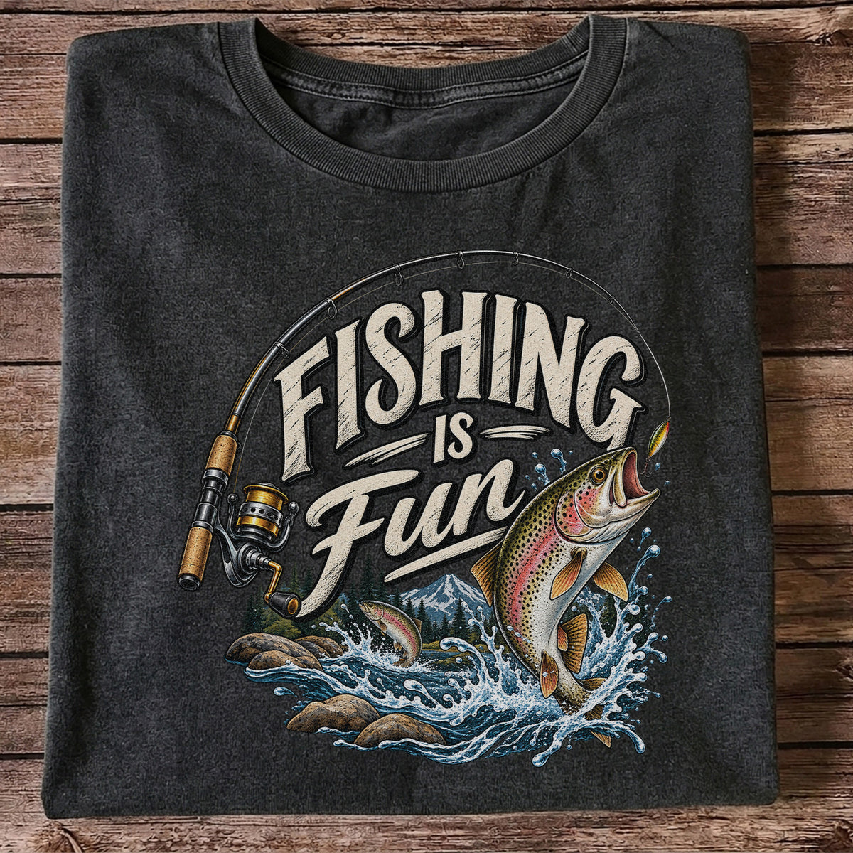 Fishing Is Fun Rainbow Trout and Mountain Graphic T-Shirt