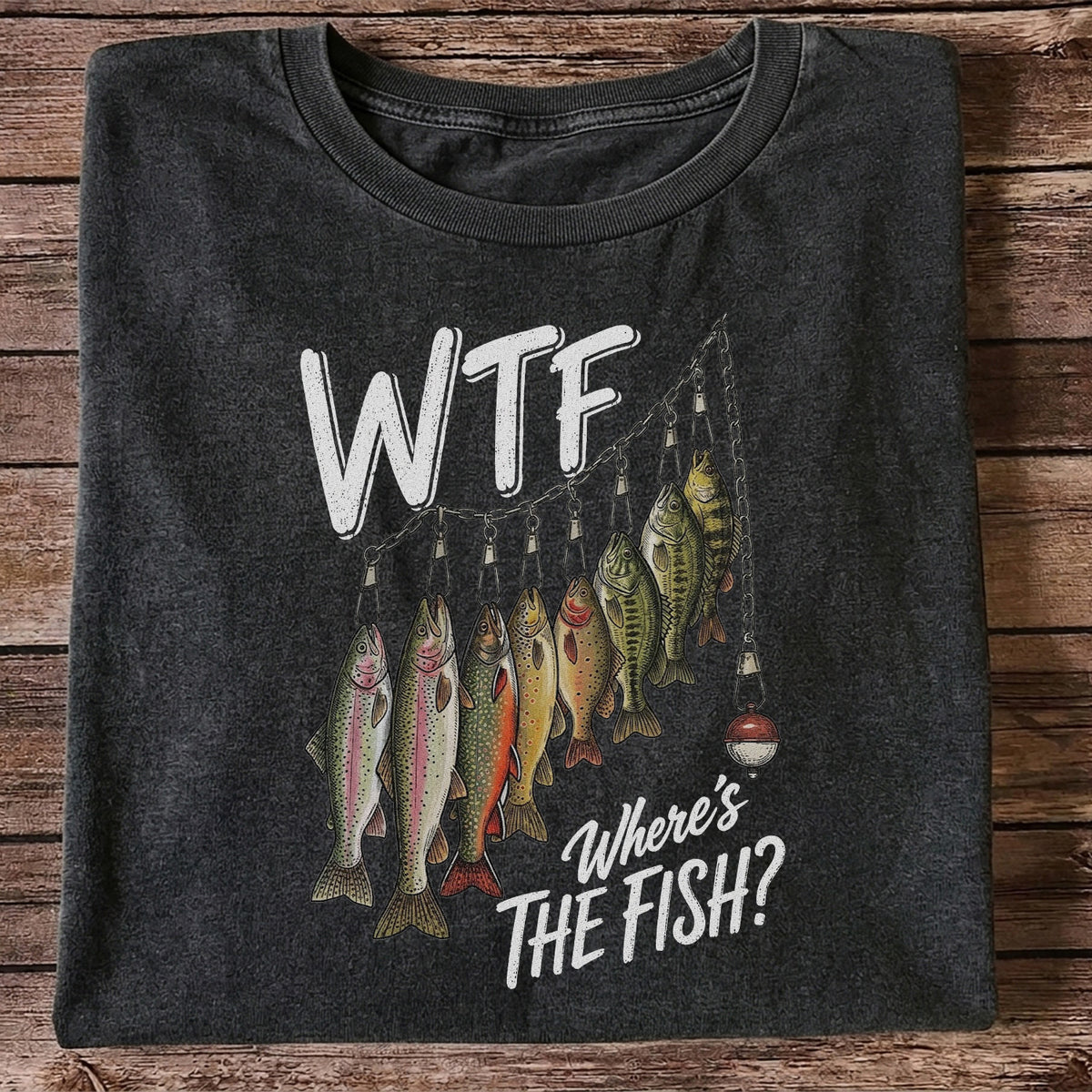 WTF Where's the Fish Trout and Bass Stringer Funny Fishing T-Shirt
