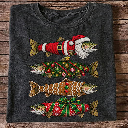 Festive Christmas Trout Santa and Gingerbread Fishing T-Shirt