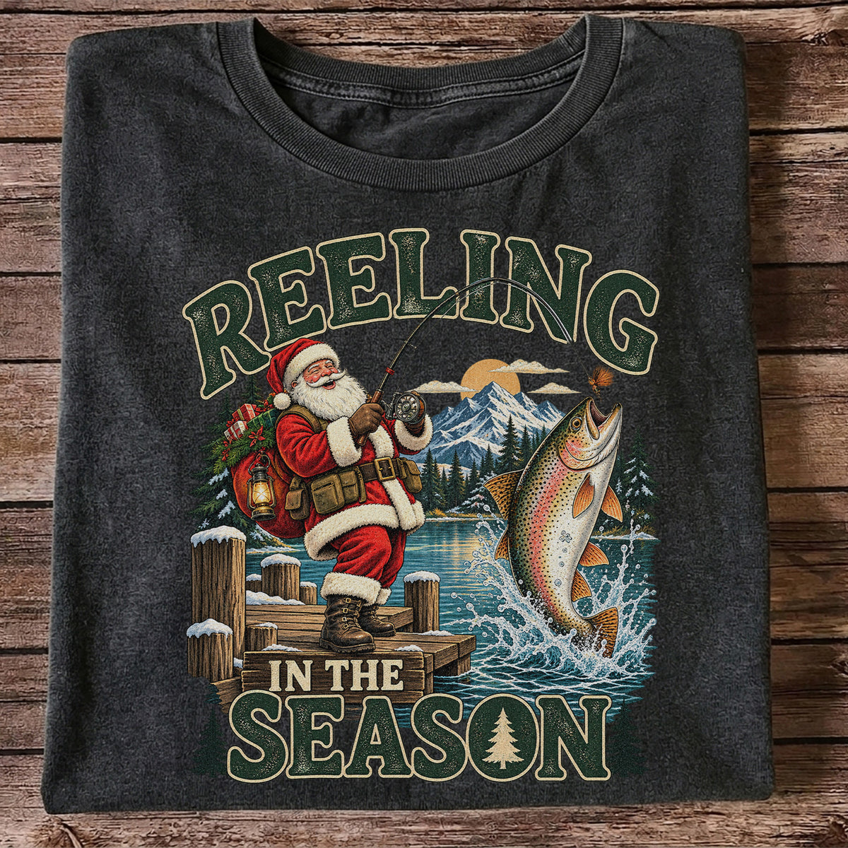 Reeling in the Season Santa Fishing for Rainbow Trout Christmas T-Shirt