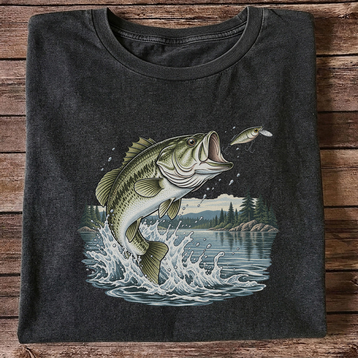 Jumping Largemouth Bass Chasing a Lure Lake Fishing Graphic T-Shirt