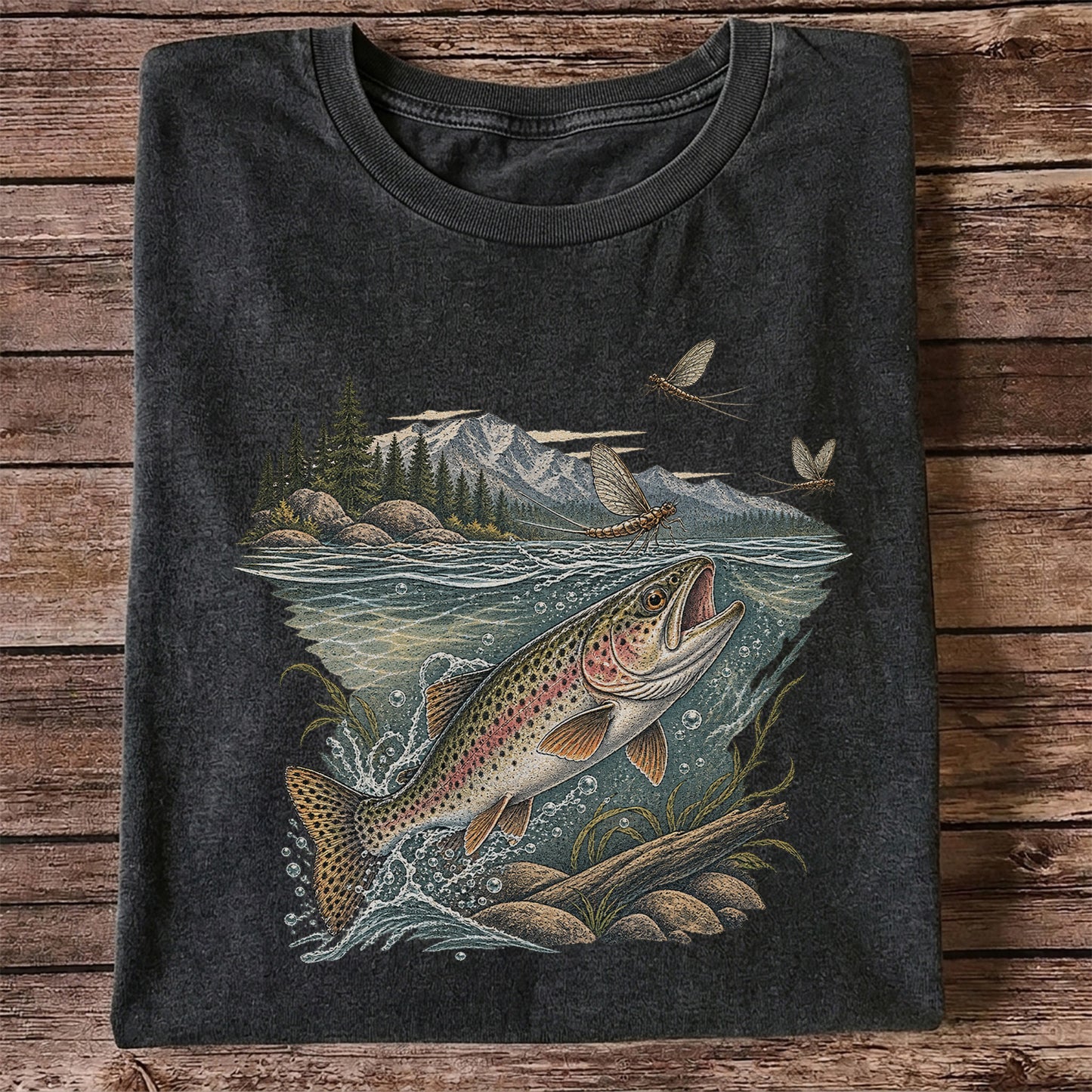 Mountain River Rainbow Trout Fly Fishing Graphic T-Shirt