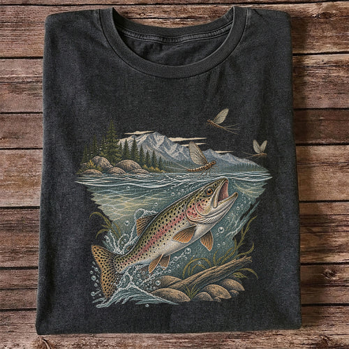 Mountain River Rainbow Trout Fly Fishing Graphic T-Shirt