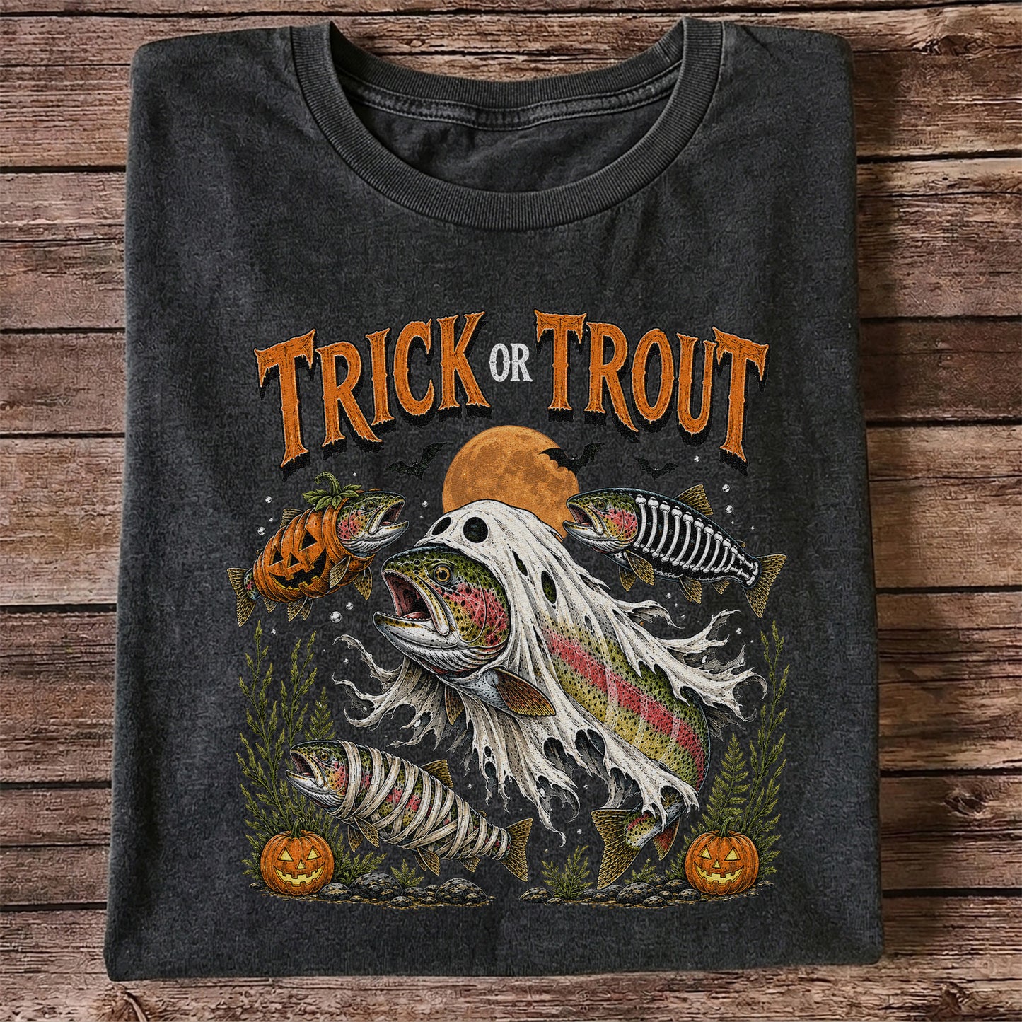 Trick or Trout Halloween T-Shirt Funny Trout Fishing Halloween Tee