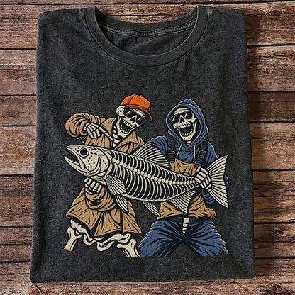 Skeleton Anglers Holding a Giant Fish Graphic T-Shirt